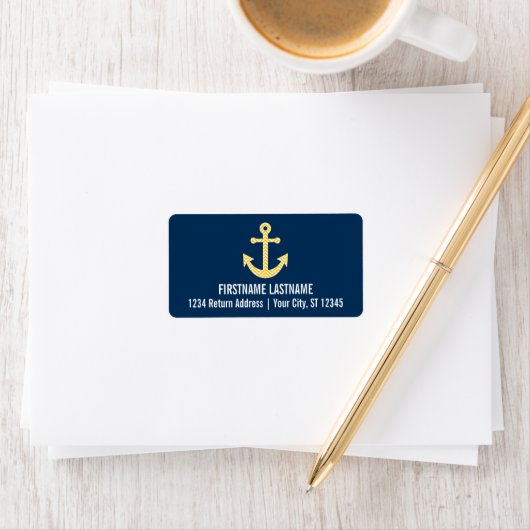 Nautisch anker met Navy Yellow Chevron Pattern Etiket (Insitu)