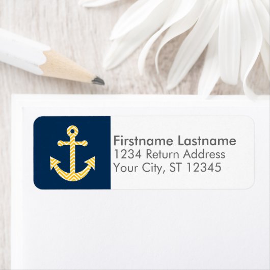 Nautisch anker met Navy Yellow Chevron Pattern Etiket (Insitu)