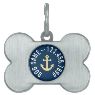 Nautisch anker met Navy Yellow Chevron Pattern Huisdieren Naamplaatje