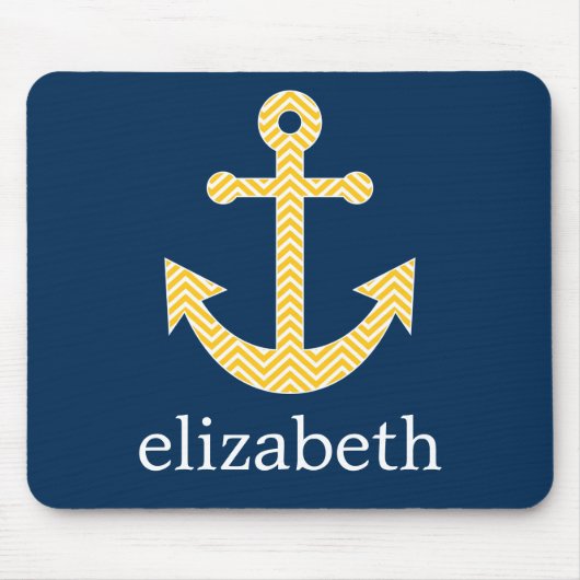 Nautisch anker met Navy Yellow Chevron Pattern Muismat (Voorkant)