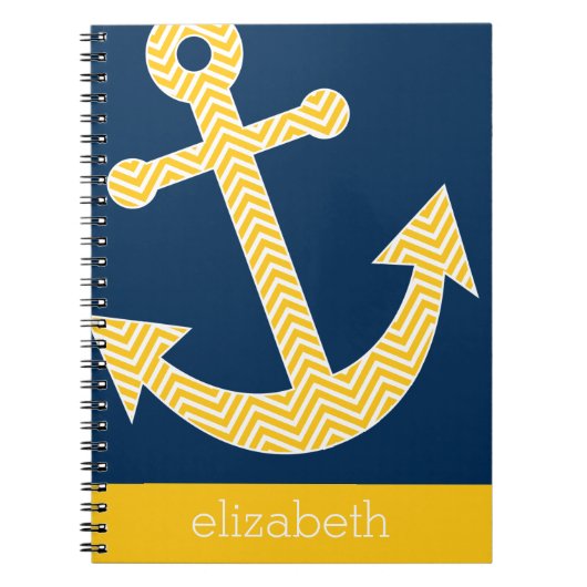 Nautisch anker met Navy Yellow Chevron Pattern Notitieboek (Voorkant)