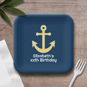 Nautisch anker met Navy Yellow Chevron Pattern Papieren Bordje