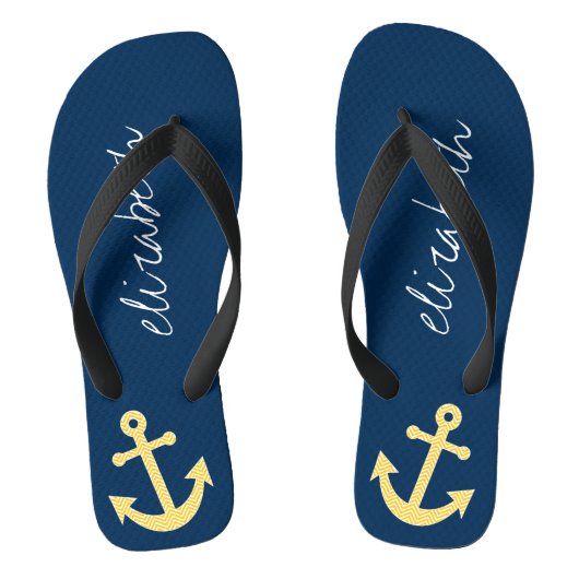 Nautisch anker met Navy Yellow Chevron Pattern Teenslippers (Voetbed)