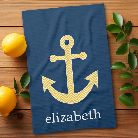 Nautisch anker met Navy Yellow Chevron Pattern Theedoek