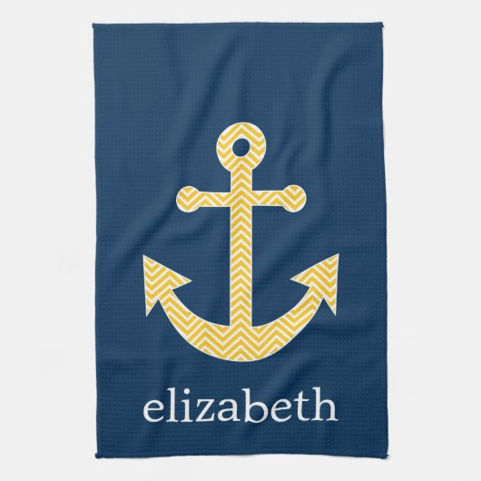 Nautisch anker met Navy Yellow Chevron Pattern Theedoek (Verticaal)