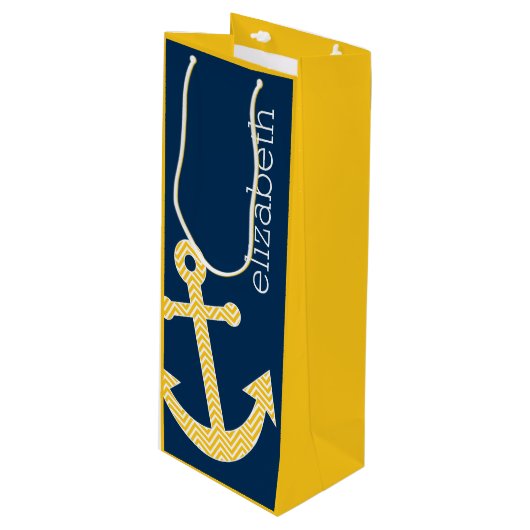 Nautisch anker met Navy Yellow Chevron Pattern Wijn Cadeautas (Voorkant Gekanteld)