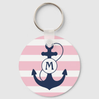 Nautisch anker met roze strips en monogram sleutelhanger
