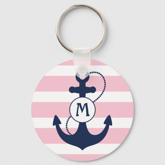 Nautisch anker met roze strips en monogram sleutelhanger (Voorkant)