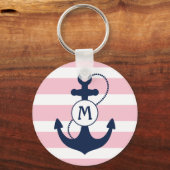Nautisch anker met roze strips en monogram sleutelhanger (Voorkant)