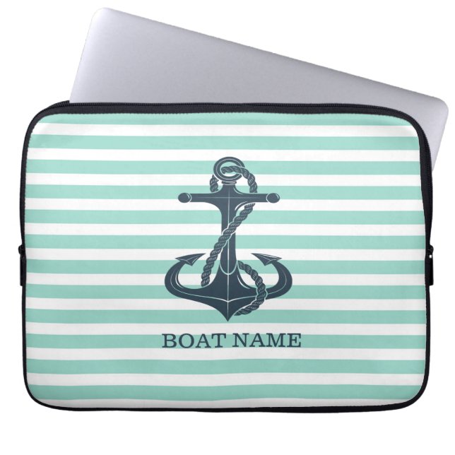 Nautisch, Anker, Mint Green Stripes Laptop Sleeve (Voorkant)