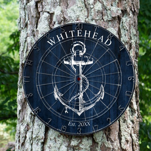 Nautisch anker-monogram in navyblauw hout dartbord