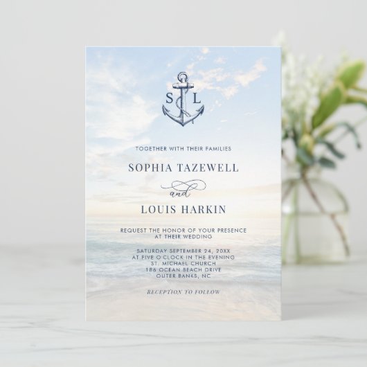 Nautisch Anker Monogram Strandbruiloft Kaart (Staand voorkant)