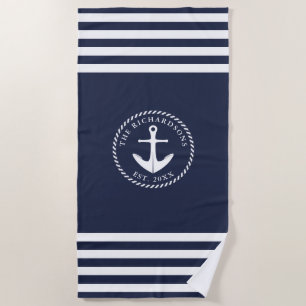 Nautisch anker Naam Modern Navy Blauw Wit Strandlaken