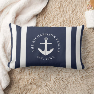Nautisch Anker Navy Blauw en Wit Familie Kussen