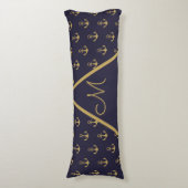 Nautisch anker Navy Blue Gold Monogram Lichaamskussen (Voorkant Verticaal)