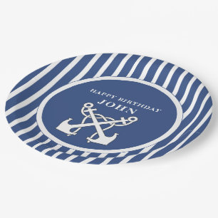 Nautisch anker Navy Blue Stripes Verjaardag Invita Papieren Bordje