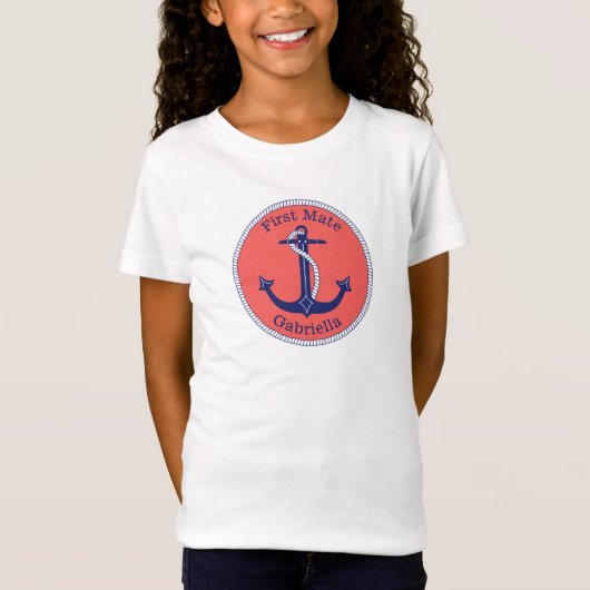 Nautisch Anker Navy Coral First Mate gepersonalise T-shirt (Voorkant)