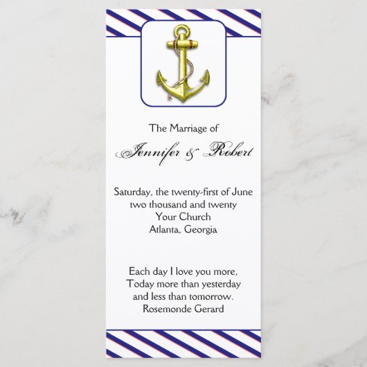 Nautisch anker op Blue Stripe Wedding Program Programma (Voorkant)