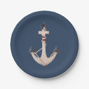 Nautisch anker op marineblauw papieren bordje
