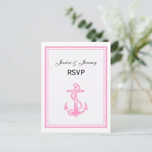 Nautisch anker roze omvormd 2 RSVP 1 Uitnodiging Briefkaart (Staand voorkant)