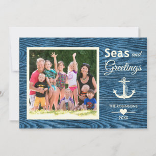 Nautisch Anker Rustieke Ocean Blue Kerstfoto Feestdagenkaart