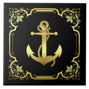 Nautisch anker silhouet/goud/zwart tegeltje