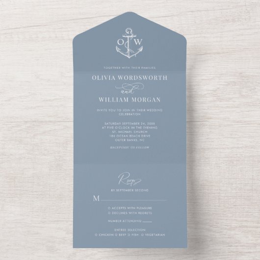 Nautisch Anker Stoffig Blauw Monogram Bruiloft All In One Uitnodiging (Binnen)