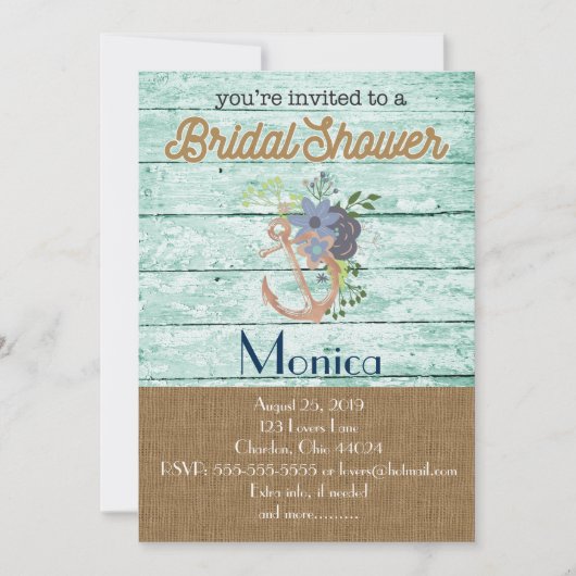 Nautisch Anker Strand Bruids Douche Uitnodiging (Voorkant)