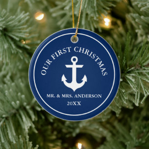 Nautisch anker voor ons eerste kerstblauw keramisch ornament