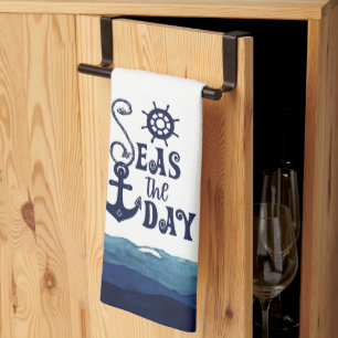 Nautisch anker ZEEEN DE DAG Navy Blauw Wit Theedoek