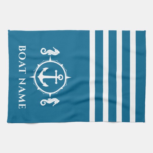 Nautisch Anker Zeepaardje Uw Bootnaam Aqua Blue Theedoek (Horizontaal)