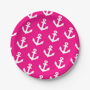 Nautisch ankerpatroon op neon roze papieren bordje