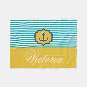 Nautisch Aqua Blauw Gele Strepen Anker Aangepast Fleece Deken