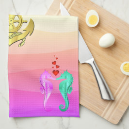 Nautisch aqua/roze/zogende zeepaarden/hartsbad theedoek