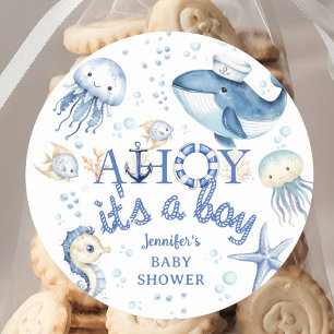Nautisch Baby shower Ahoy Het is een jongensailor Ronde Sticker