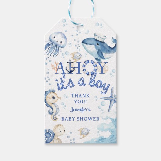 Nautisch Baby shower Ahoy Sailor Navy Blue Cadeaulabel (Voorkant)