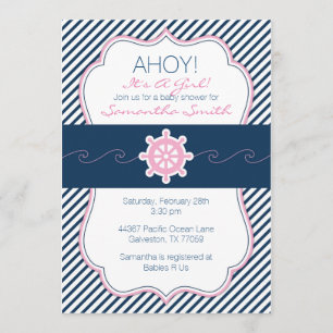 Nautisch Baby shower Invitation-Navy blauw en roze Kaart