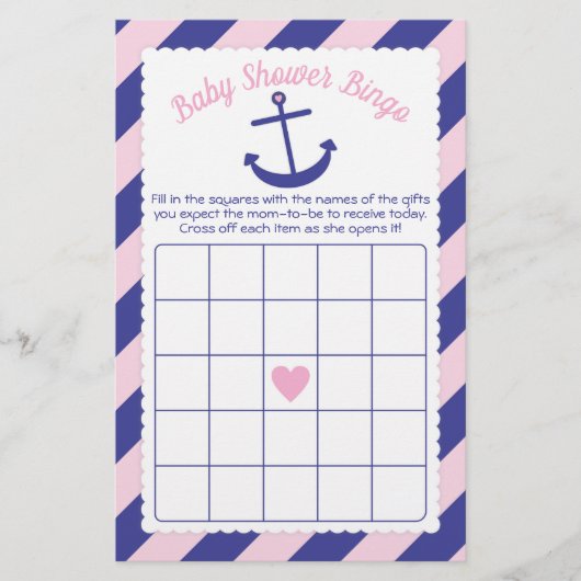 Nautisch Baby shower met ankerpunt Bingo Roze & ma Flyer (Voorkant)