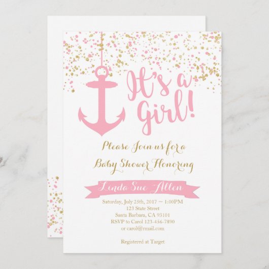 Nautisch Baby shower Uitnodiging - Roze en Goud (Voorkant / Achterkant)