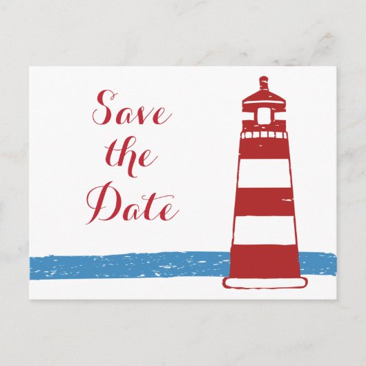 Nautisch Bewaar De Datum Vuurtoren Rood Blauw Huwe Aankondigingskaart (Voorkant)