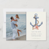 Nautisch blauw anker foto strand bruiloft save the date (Voorkant)
