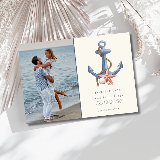 Nautisch blauw anker foto strand bruiloft save the date