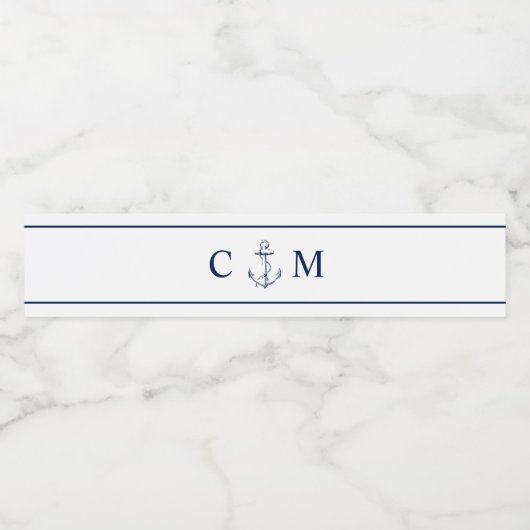 Nautisch Blauw Anker Initiaal Bruiloft Waterfles Etiket (Enkel label)