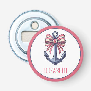 Nautisch blauw anker met rode en witte streepboog button flesopener