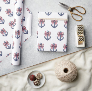 Nautisch blauw anker met rode en witte streepboog cadeaupapier