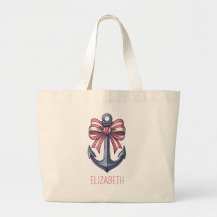 Nautisch blauw anker met rode en witte streepboog grote tote bag
