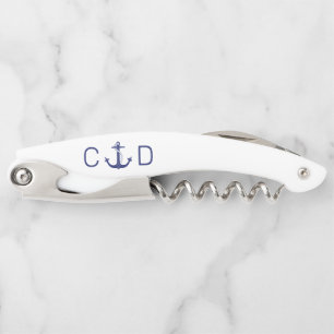 Nautisch Blauw Anker Monogram Initiaal Kurkentrekker