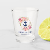 Nautisch Blauw Anker Roze Bloemen Gouden Ring Brui Shot Glas (Voorkant)