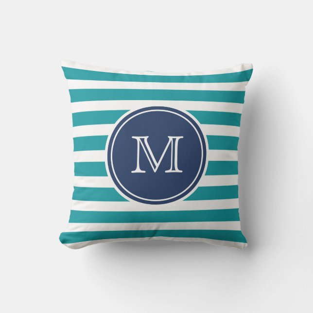 Nautisch blauw Blauwgroen Stripe Monogram Sierkuss Kussen (Voorkant)
