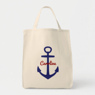 Nautisch blauw en rood Aangepast Anker Tote Bag